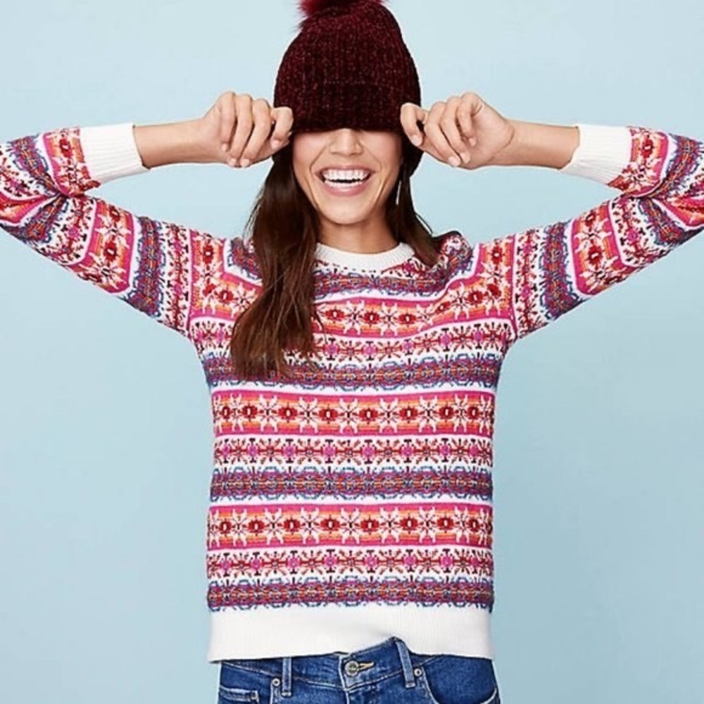 Loft Colorful Vibrant Fair Isle Sweater Hot Pink CabinCore Cozy Pretty Size XS